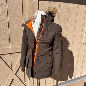 Superdry Rescue Brown Jacket Women XS  Hood Logo Zipper Lined Orange